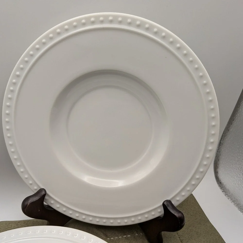 Crate and Barrel Staccato Saucers White Beaded Rim Kathleen Wills Japan Set of 4